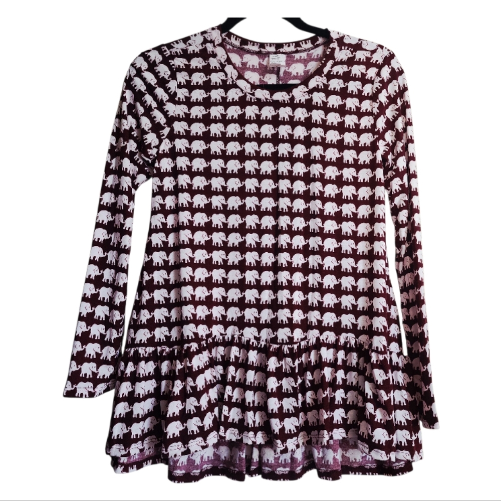 Fall Ready Boho Babydoll Elephant Print Long Sleeve Tunic Top  Peplum Hem